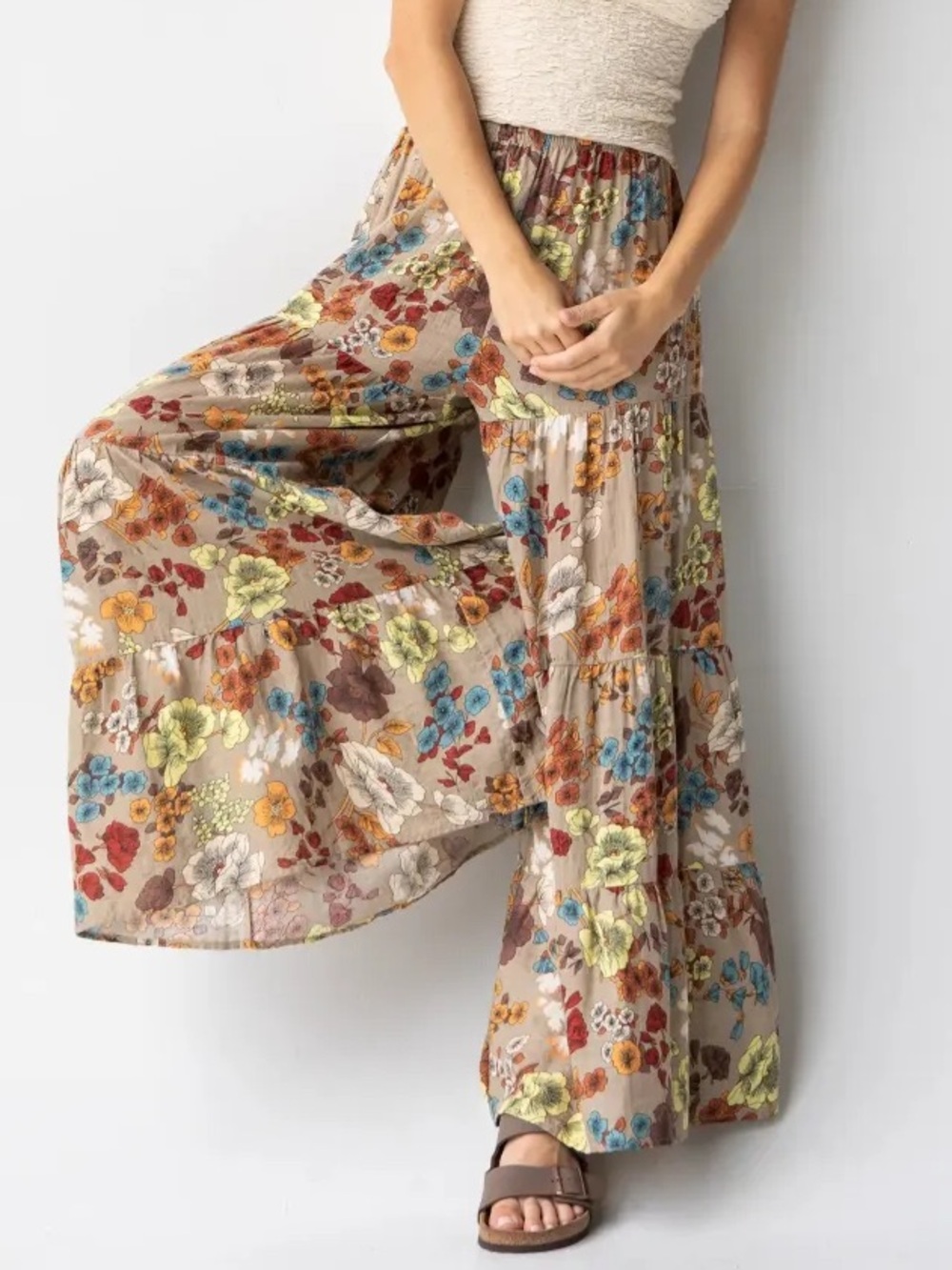 Natural Life Cotton Patti Palazzo Pants Tan Cream Floral Large